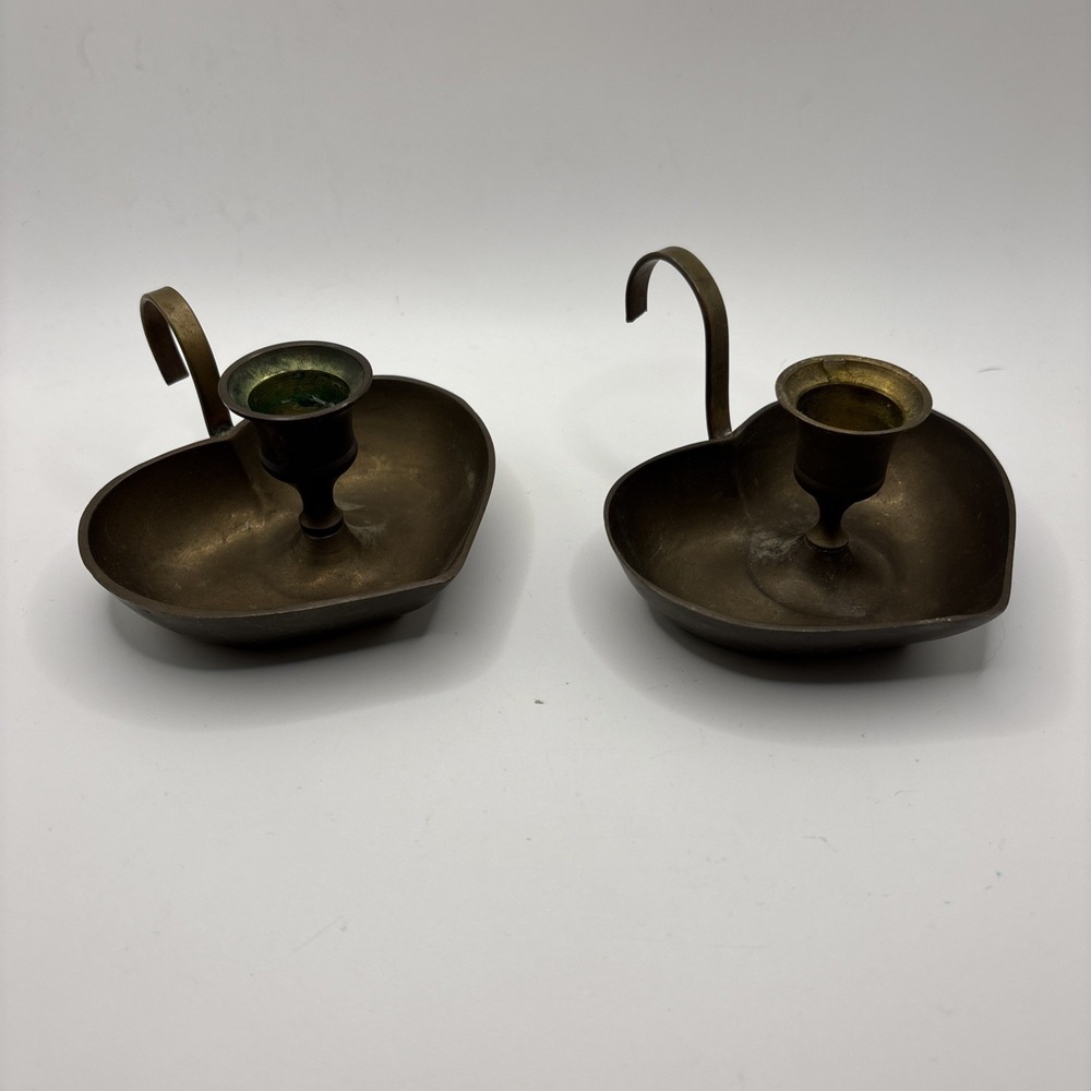 Vtg Pair Of Solid Brass Heart Chamber Candlestick Holders Made In India Set Of 2